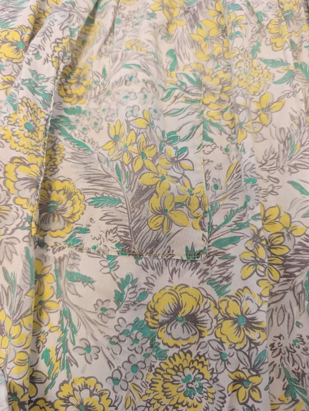 VINTAGE 1950 Floral Apron Tie-Waist Cotton Traditional Yellow Green White 21